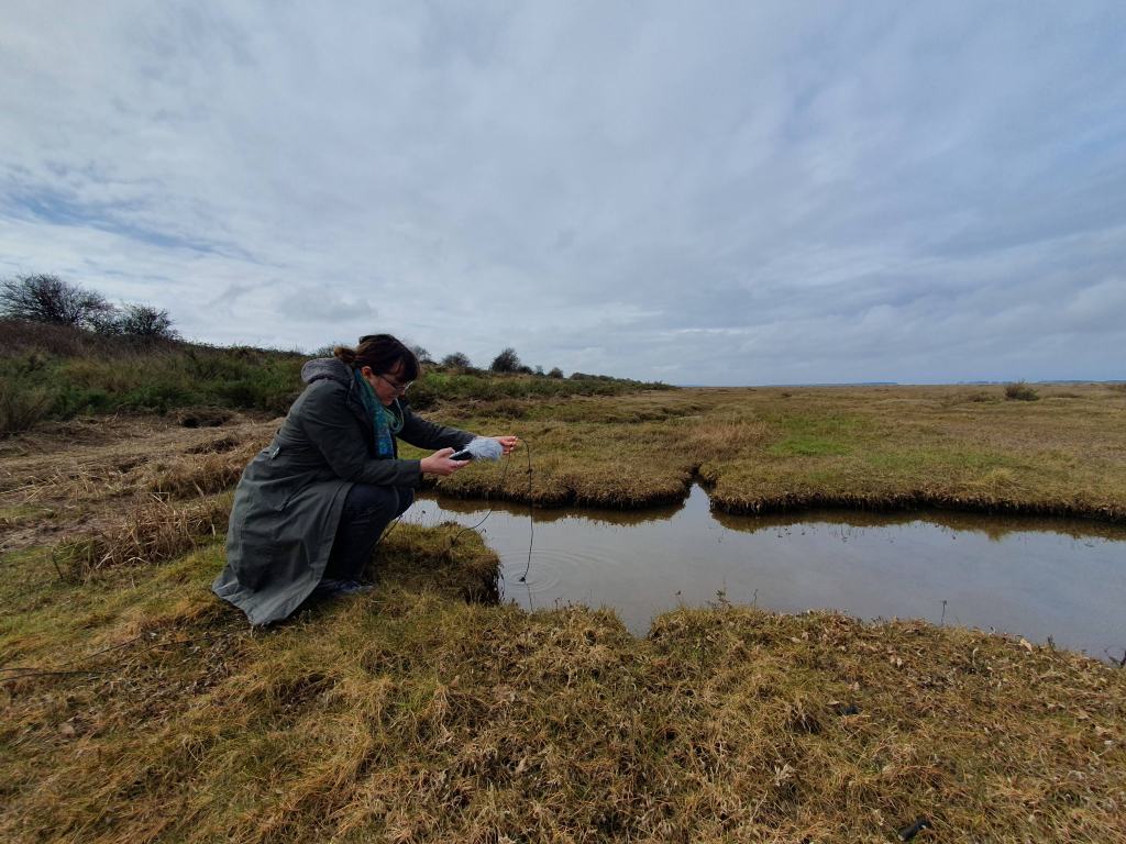 Flo is crouching down next to a large pool of water in the salt marsh landscape. They are wearing a green coat and holding a recorder with a grey windjammer and the cable of a hydrophone.