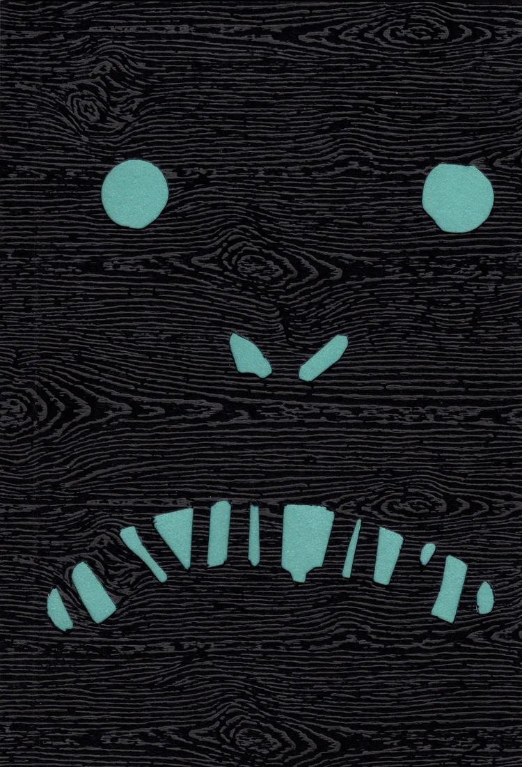 The cover of peel me Watcher is a black, woodgrain-effect paper cut out to reveal green-blue eyes, nose and jagged teeth.