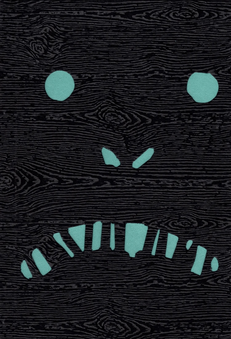 The cover of peel me Watcher is a black, woodgrain-effect paper cut out to reveal green-blue eyes, nose and jagged teeth.